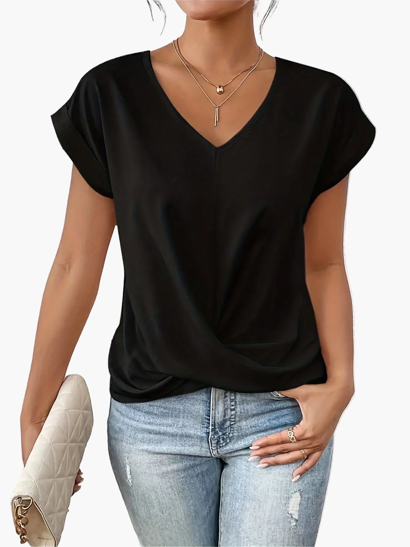 T-shirt décontracté col en V pour femme - Style chic et polyvalent, idéal quotidien et sorties