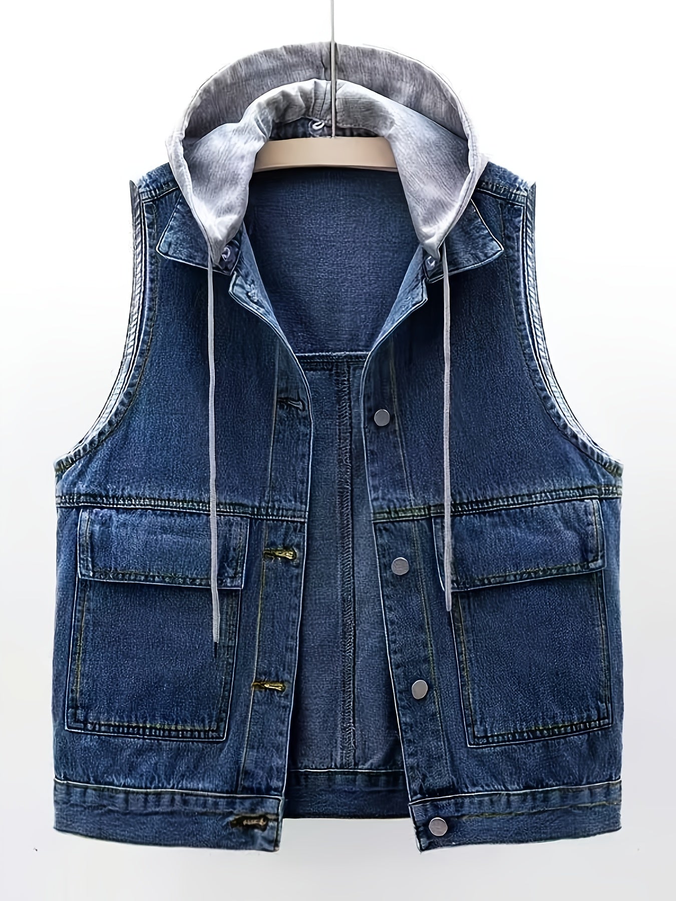 Gilet en jean sans manches avec capuche grise amovible pour femme