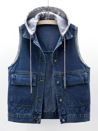 Gilet en jean sans manches avec capuche grise amovible pour femme