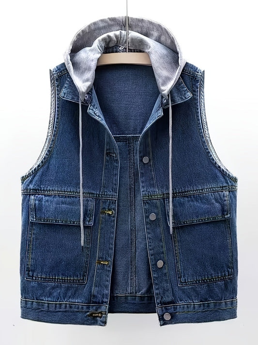 Gilet en jean sans manches avec capuche grise amovible pour femme