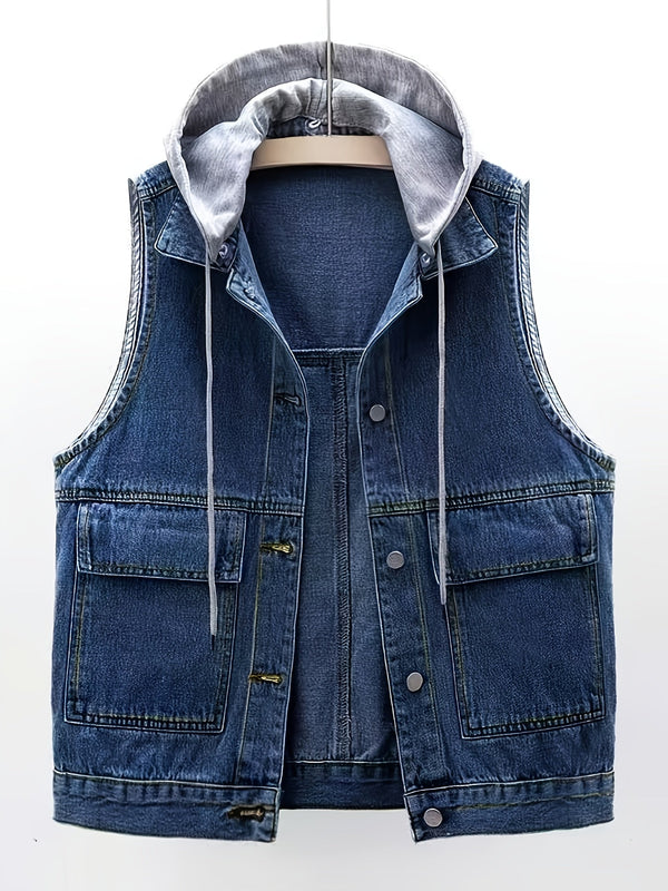 Gilet en jean sans manches avec capuche grise amovible pour femme