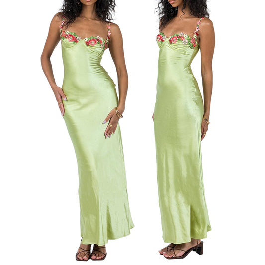 Robe Longue Femme Style Satinée Élégante à Bretelles avec Détails Brodés – Soirée et Cocktail