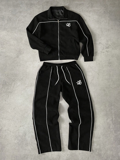 Ensemble de Survetement Homme Zip Complet à Rayures Contrastantes et Emblème Brodé