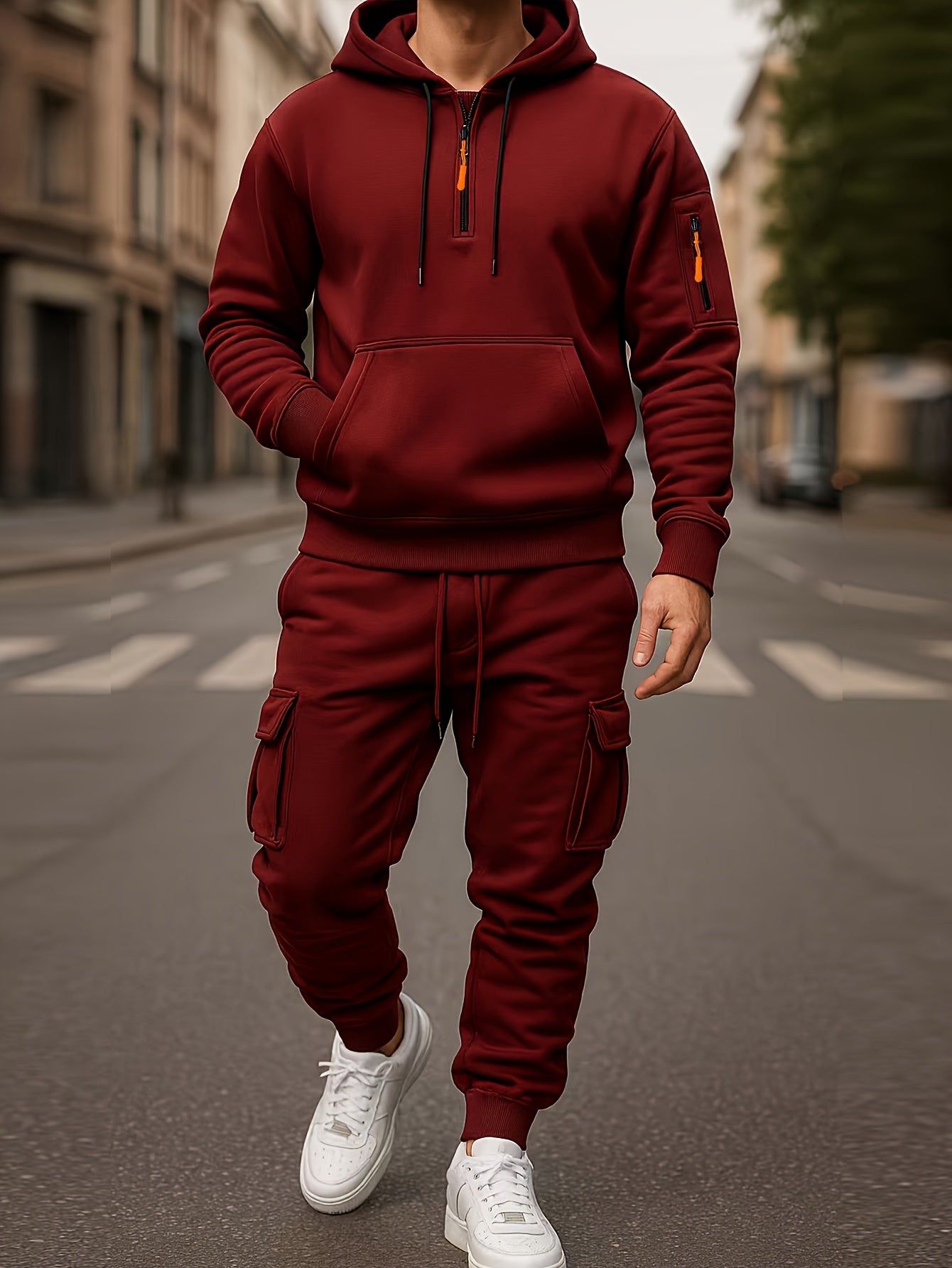 Ensemble Homme Survêtement Capuche et Pantalon Cargo Molletonné Uni