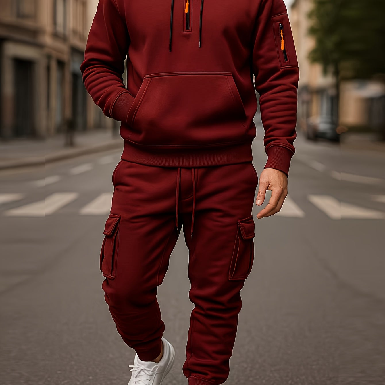 Ensemble Homme Survêtement Capuche et Pantalon Cargo Molletonné Uni