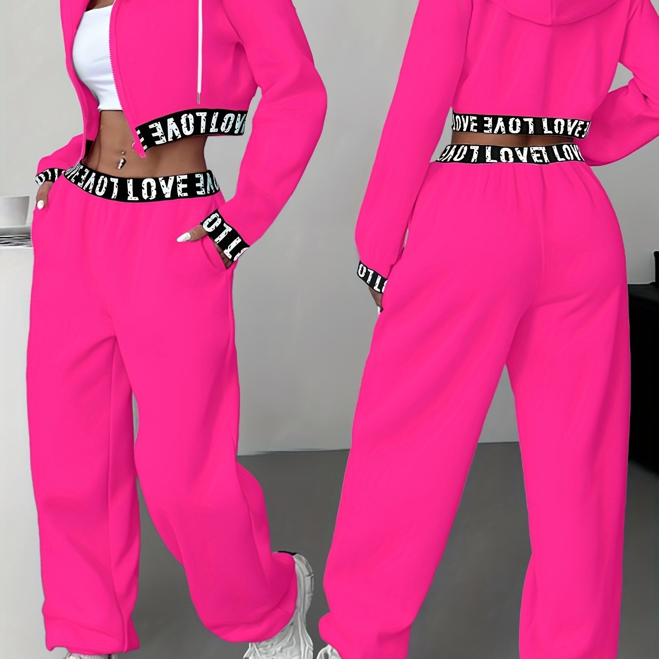 Ensemble survêtement femme crop top à capuche et pantalon large couleur unie