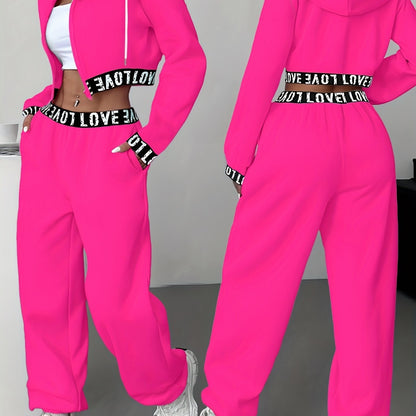 Ensemble survêtement femme crop top à capuche et pantalon large couleur unie