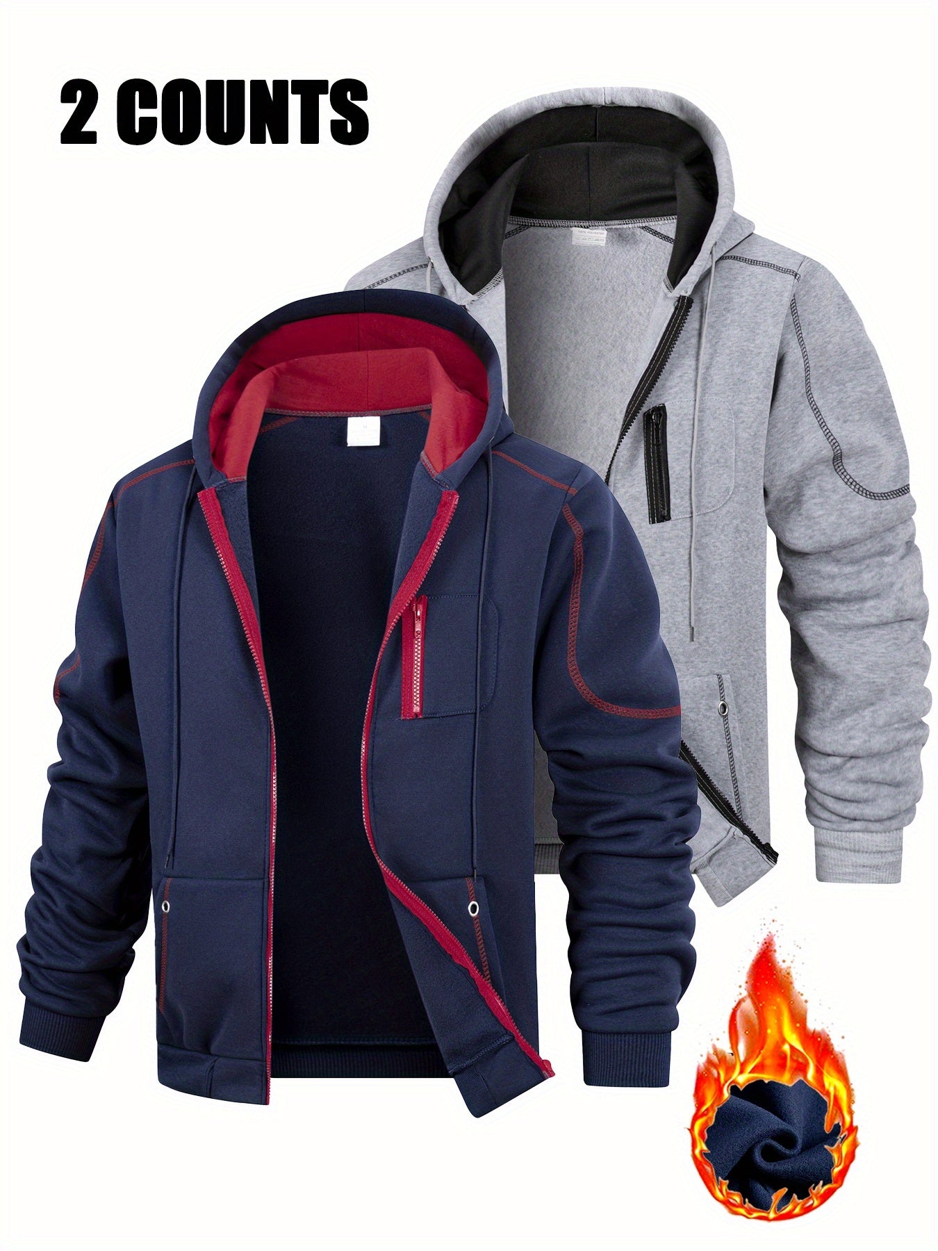 Lot de 2 Hoodies Homme Zippés Bicolores Chauds avec Capuche et Poches