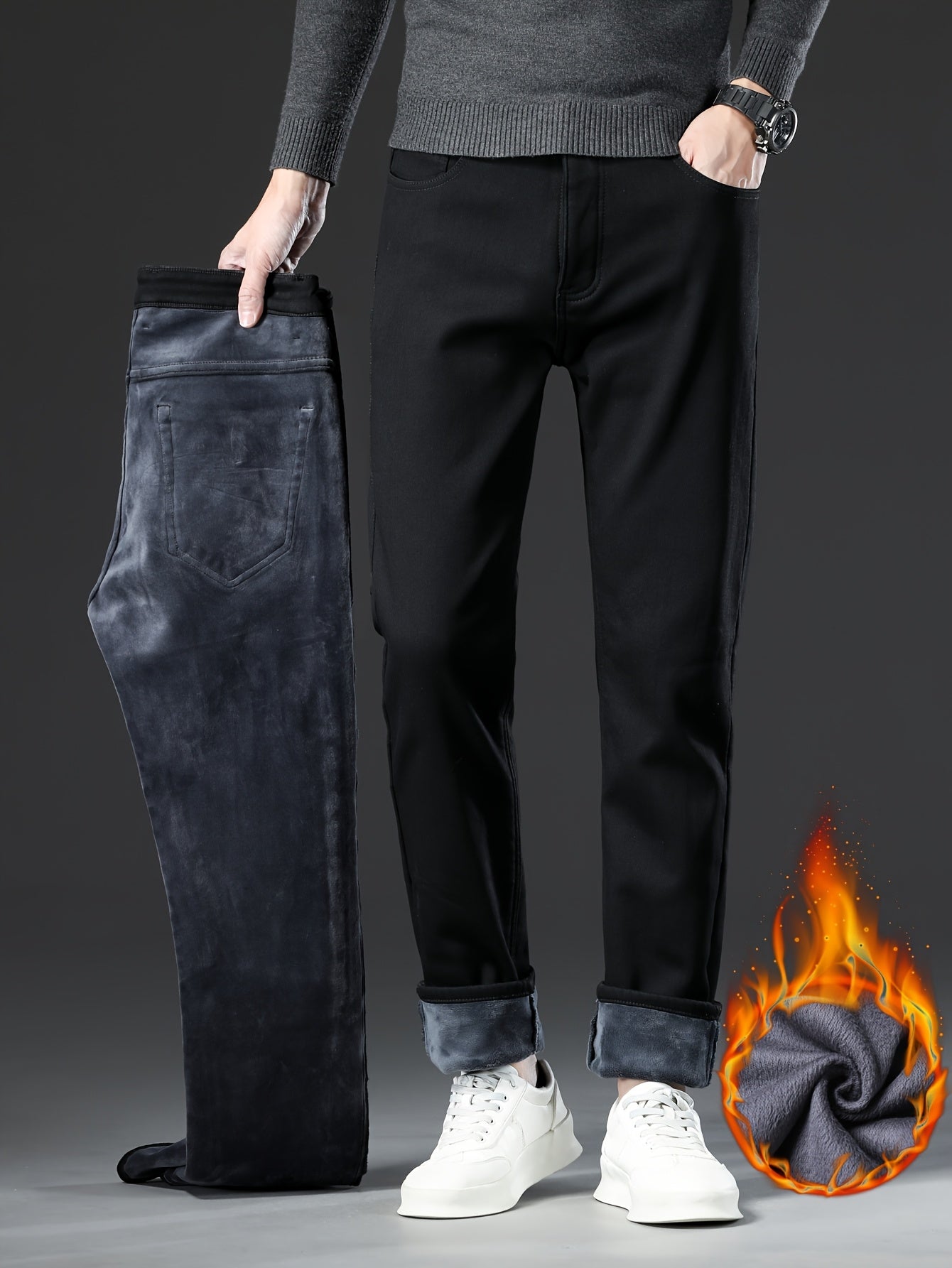 Pantalon Homme Noir Doublure Chaude Coupe Droite