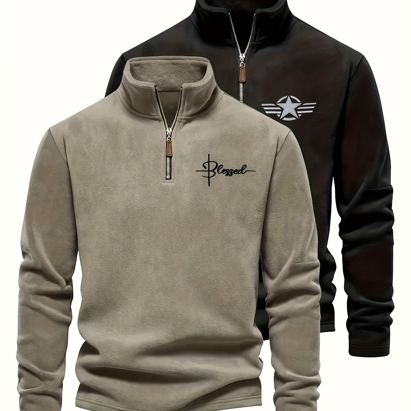 Pulls Homme Col Montant Zippé Polaire Coupe Droite Bicolore Beige Kaki et Noir Imprimé Graphique