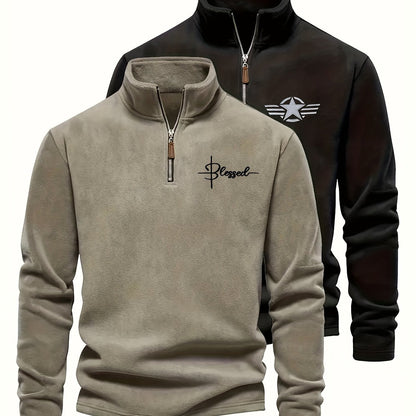 Pulls Homme Col Montant Zippé Polaire Coupe Droite Bicolore Beige Kaki et Noir Imprimé Graphique