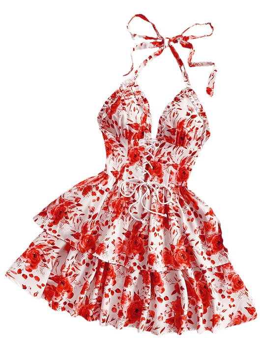 Vestido de verano para mujer estilo bohemio con volantes, cuello halter, estampado floral, ideal para cenas y fiestas