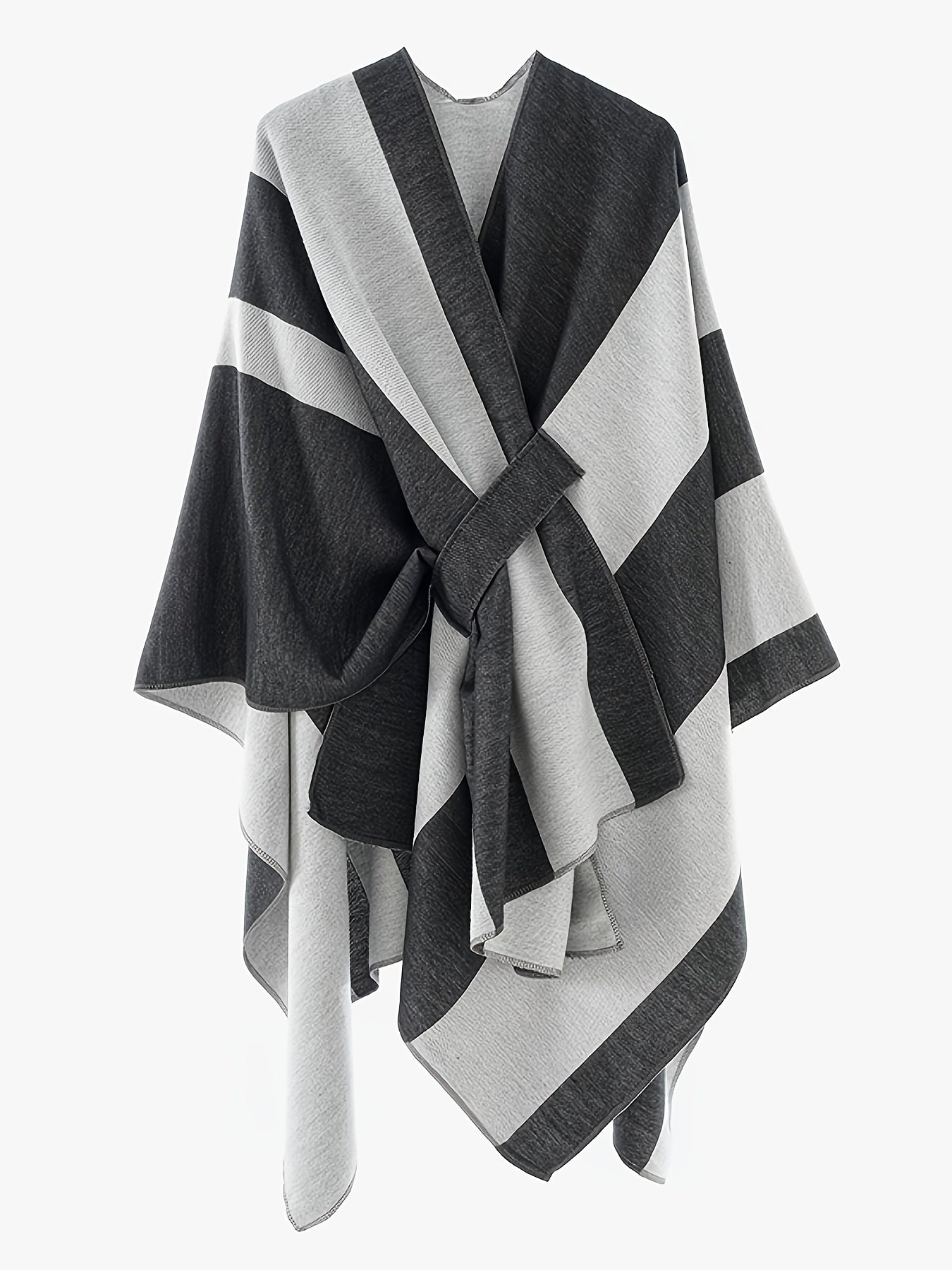 Poncho Cape Femme Rayé Bicolore avec Nœud Décoratif Doux