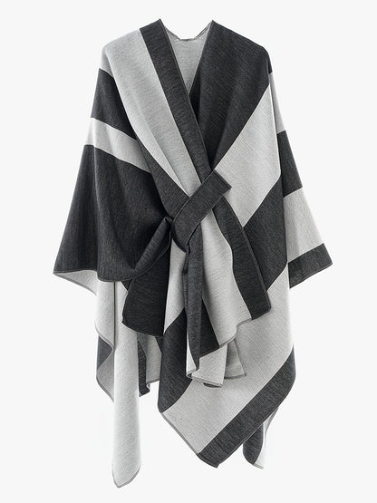 Poncho Cape Femme Rayé Bicolore avec Nœud Décoratif Doux