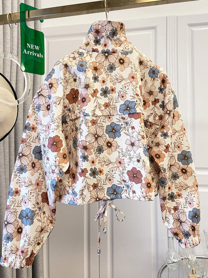 Veste courte à motif floral et abstrait pour femme avec col montant et cordon de serrage
