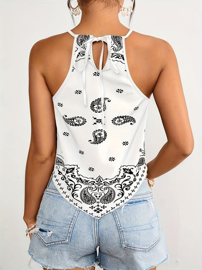 Top à col halter style bandana femme, imprimé paisley bohème, idéal été et vacances