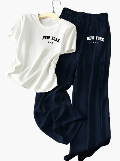 Ensemble décontracté pour femme, t-shirt à manches courtes et pantalon large, style lounge chic