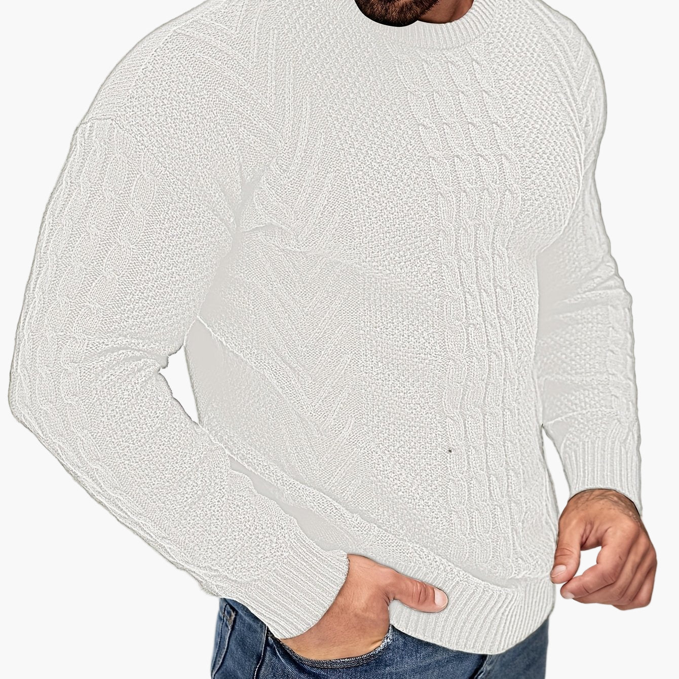 Jersey de punto trenzado para hombre estilo urbano casual – Mangas largas, elegante otoño/invierno
