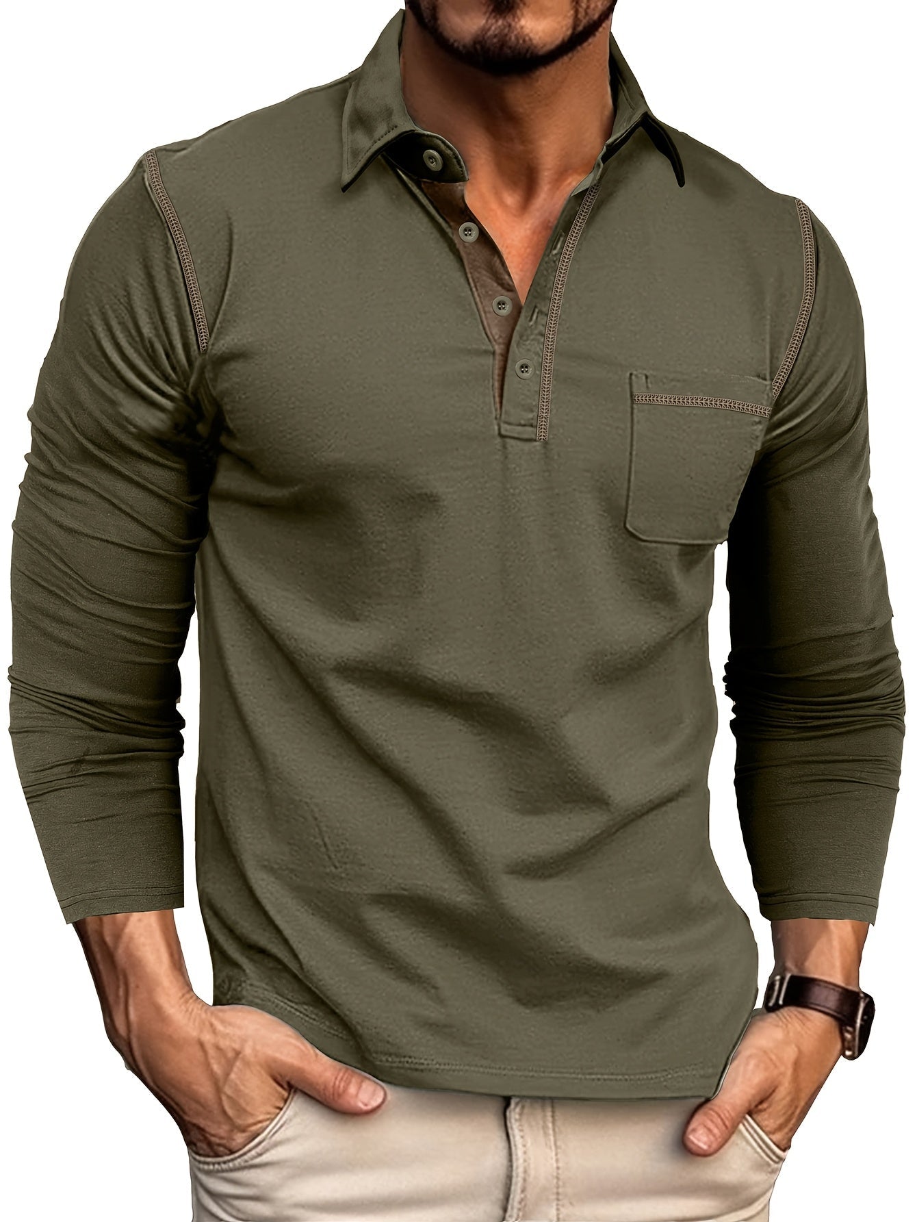 Polo Homme Manches Longues à Col Relevé avec Patte de Boutons et Poches Poitrine Décoratives