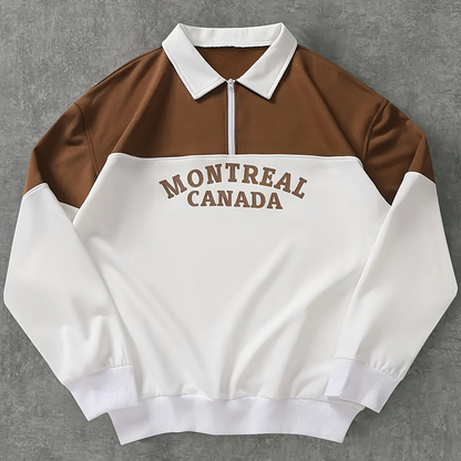 Sweatshirt Polo Bicolore Homme avec Fermeture Éclair Courte et Inscription "MONTREAL CANADA"