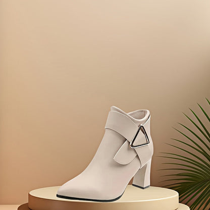 Bottines femme à talons épais, bout pointu, avec boucle décorative et fermeture éclair latérale
