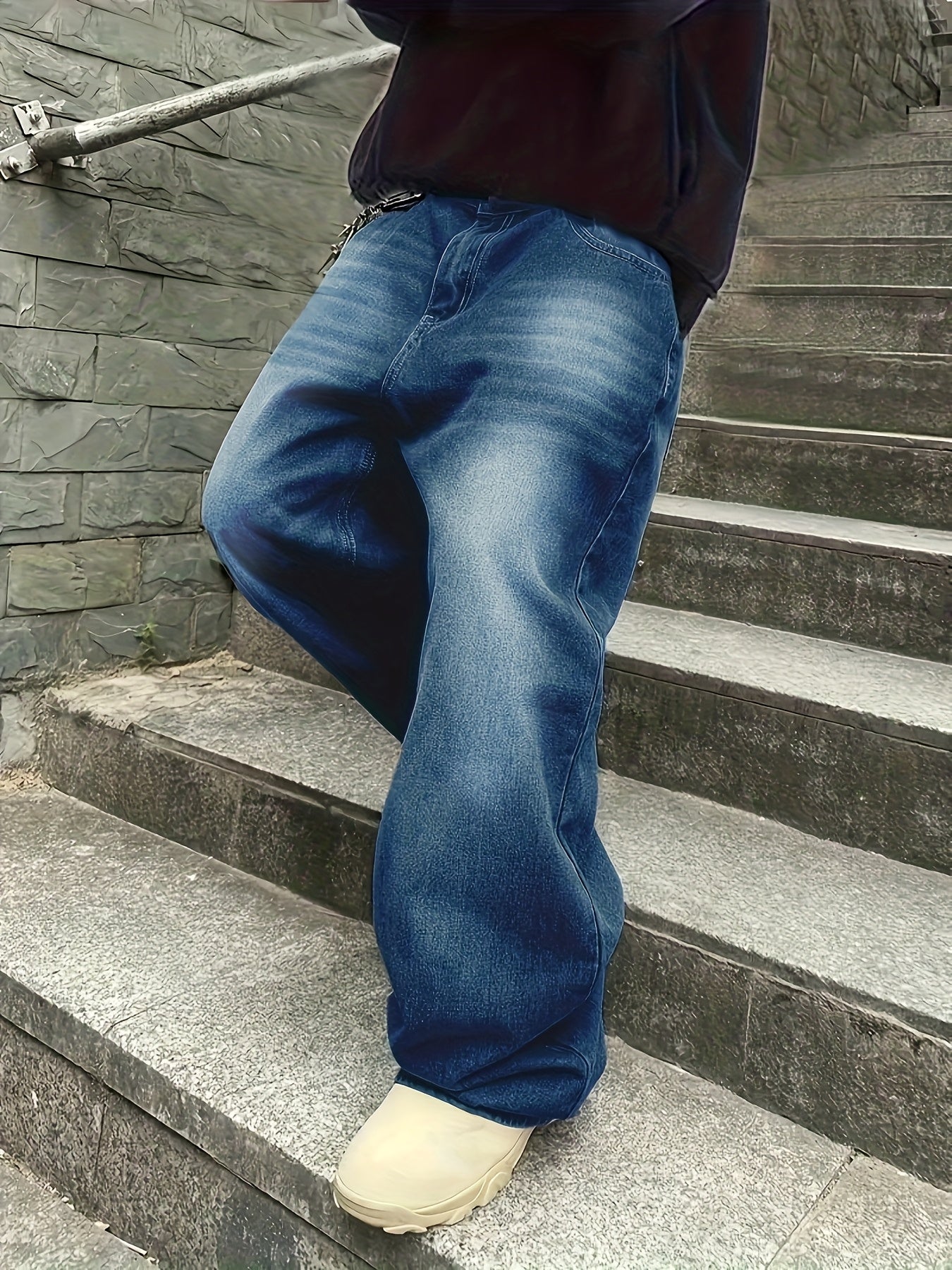 Jean large délavé coupe baggy bleu foncé style urbain unisexe