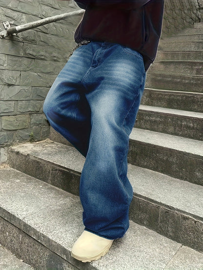 Jean large délavé coupe baggy bleu foncé style urbain unisexe
