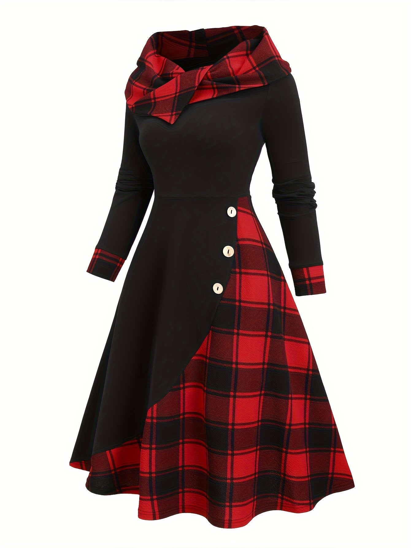 Robe à capuche femme asymétrique noire et à carreaux bicolores avec boutons décoratifs