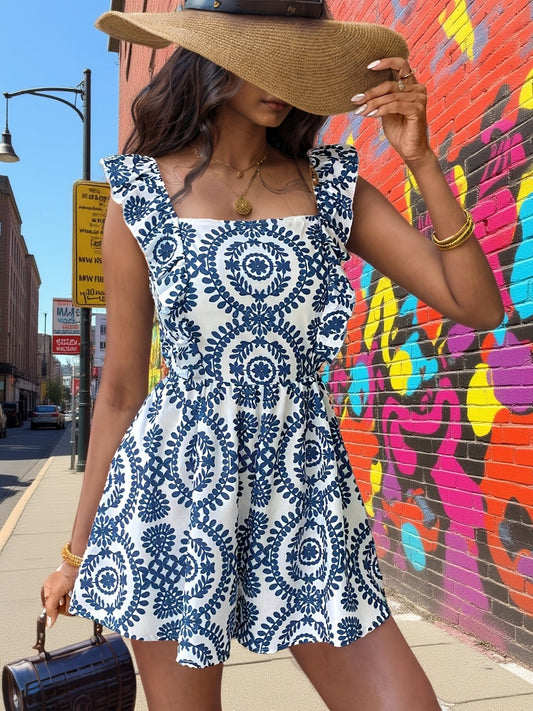 Kort damejumpsuit i boheme-chic stil til sommer med tribal mønster