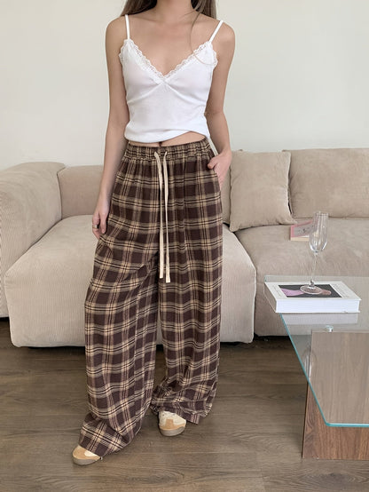 Pantalon de Pyjama Femme Carreaux Marron et Beige Ample avec Cordon