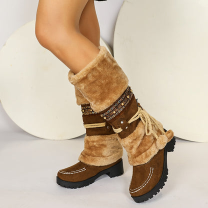 Bottes Femme Mi-Mollet Chaudes Style Ethnique Marron avec Fourrure et Pompons