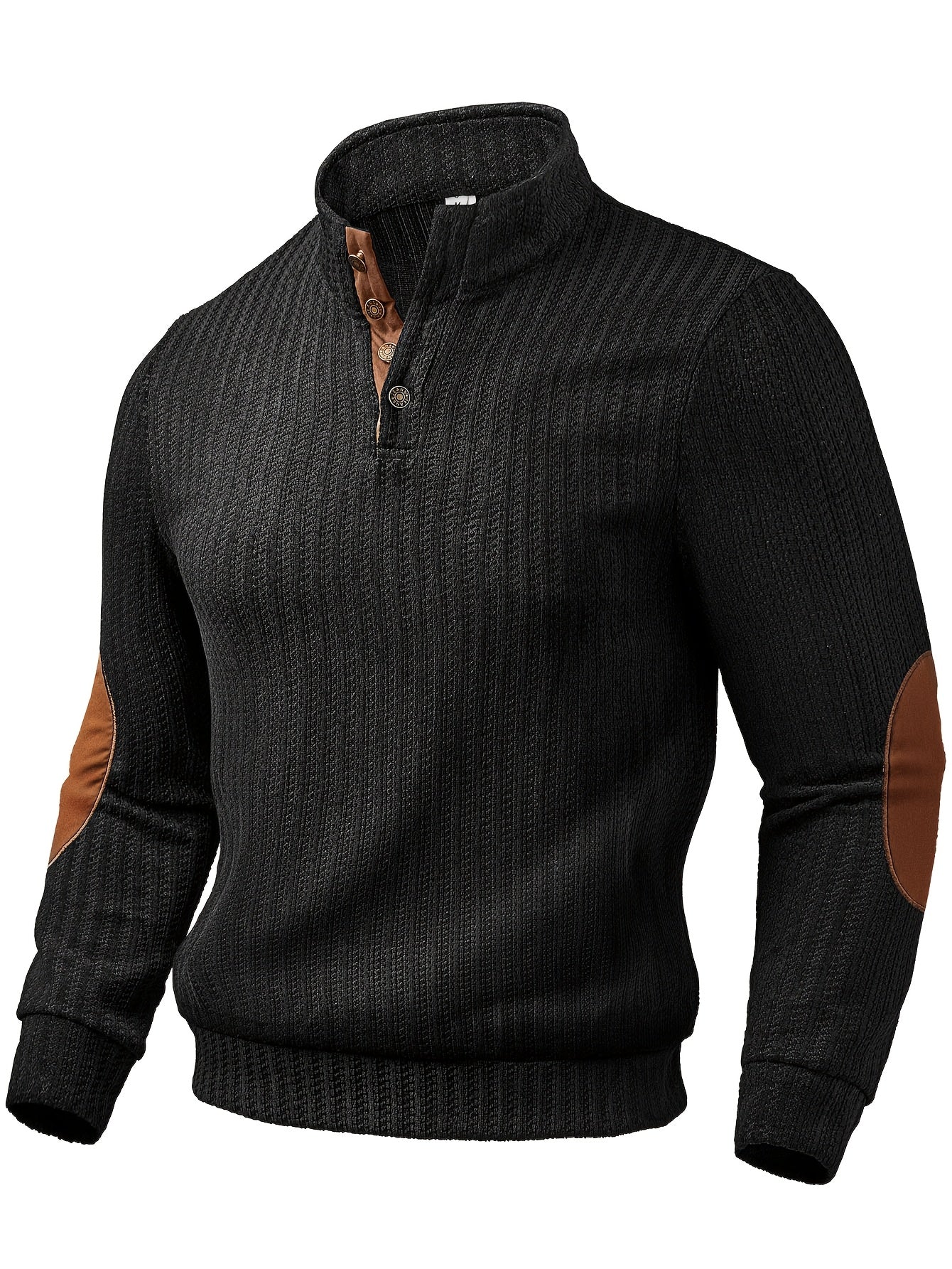 Pull homme à col montant boutonnable, motif tissé et empiècements aux coudes