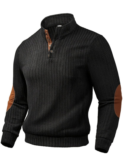 Pull homme à col montant boutonnable, motif tissé et empiècements aux coudes