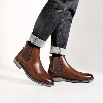 Bottes Chelsea Homme Marron Brogue Détails Perforés Élastiques Latéraux Semelle Bleue
