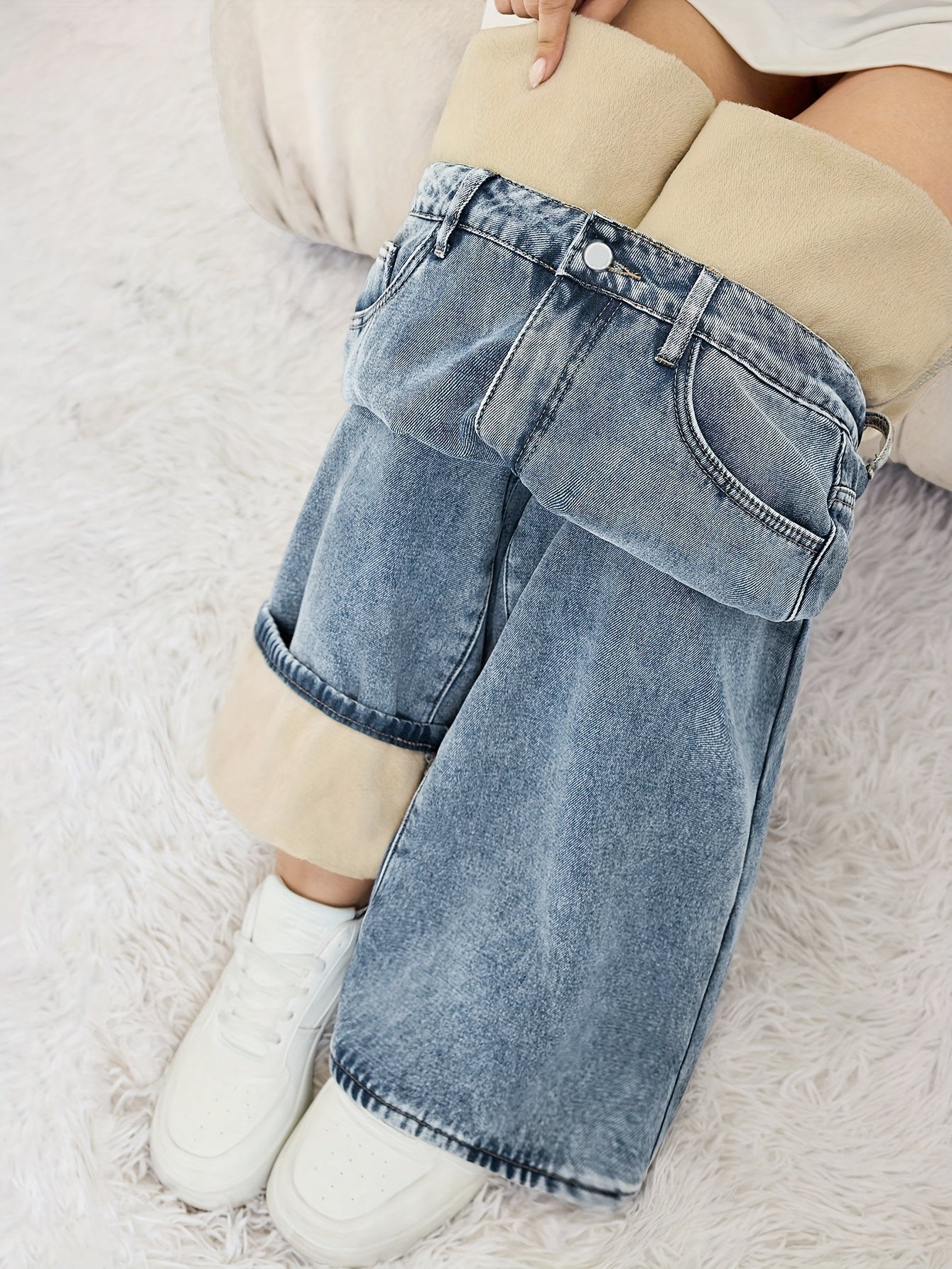 Jean large délavé doublé fausse fourrure beige pour femme, taille haute décontracté