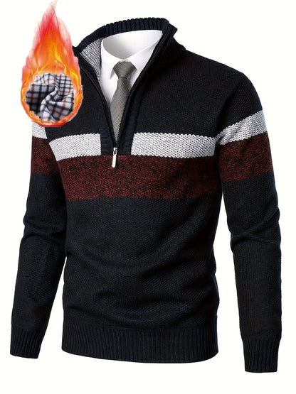 Pull homme tricoté à rayures, col montant zippé, doublure polaire beige et marron