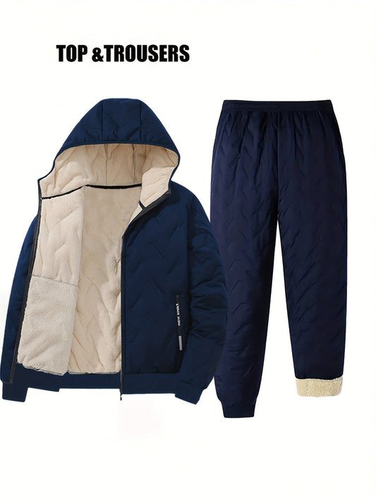 Ensemble Homme Hiver Matelassé Doublure Douce à Capuche - Veste Zippée et Pantalon Jogging