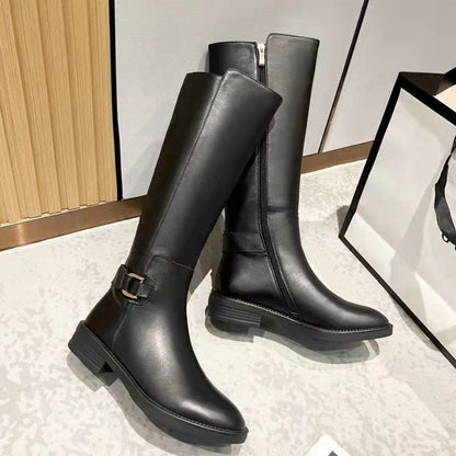 Bottes hautes femme noires avec boucle décorative et fermeture éclair latérale