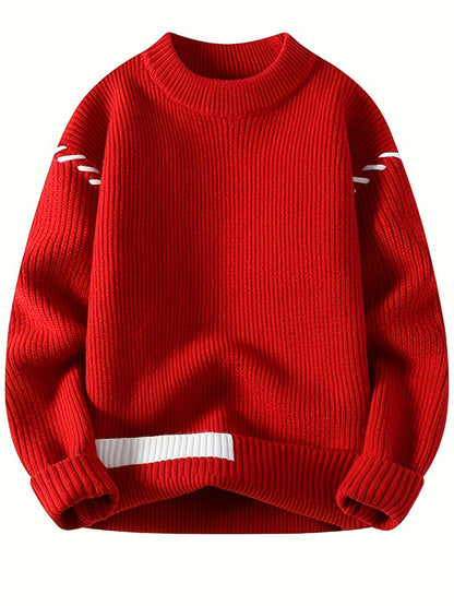 Pull col rond côtelé rouge avec détails contrastants