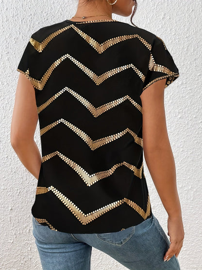 T-shirt damski w eleganckim stylu z geometrycznym wzorem na co dzień lub na wieczór