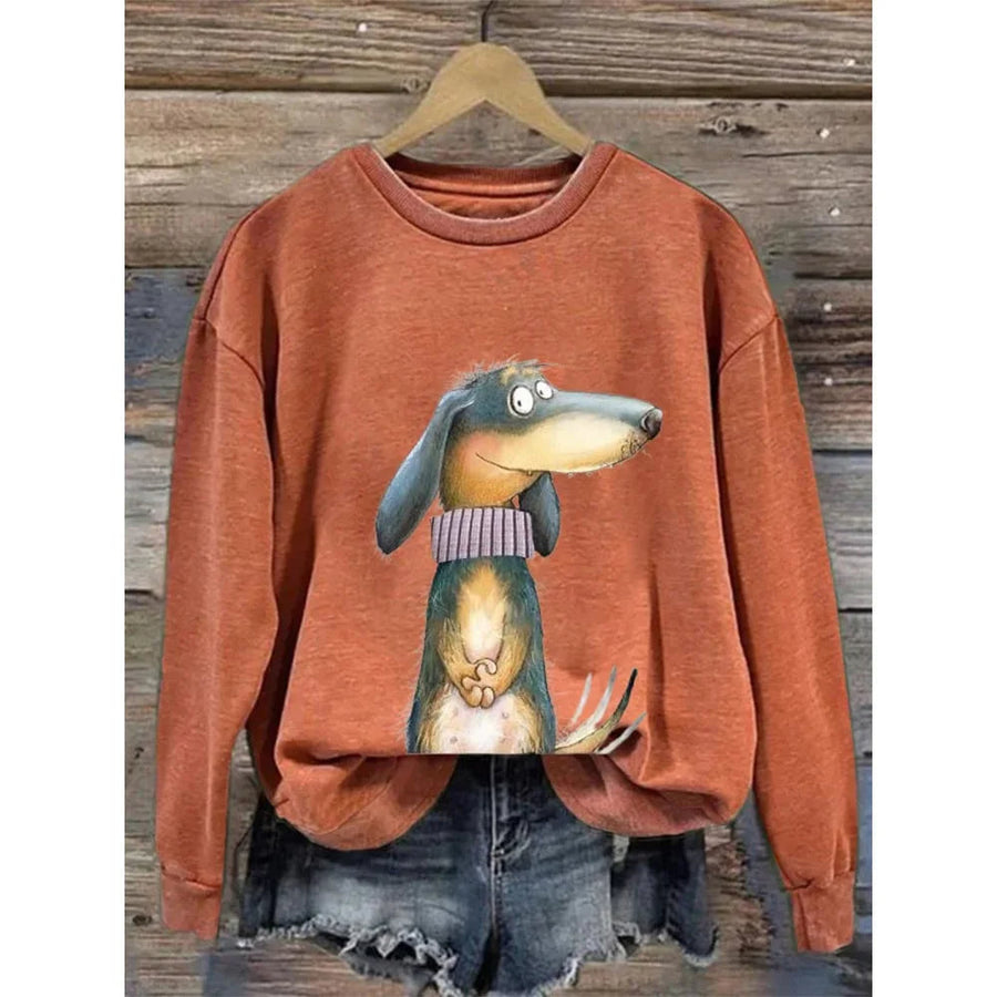 Damen-Sweatshirt mit Rundhalsausschnitt und fantasievollem Hundeaufdruck