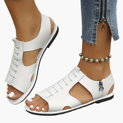 Sandales plates d'été pour femme style gladiateur à bout ouvert avec fermeture éclair