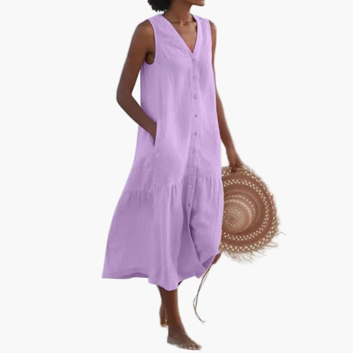 Robe d'Été Décontractée Femme Sans Manches Boutonnée, Style Plage et Vacances