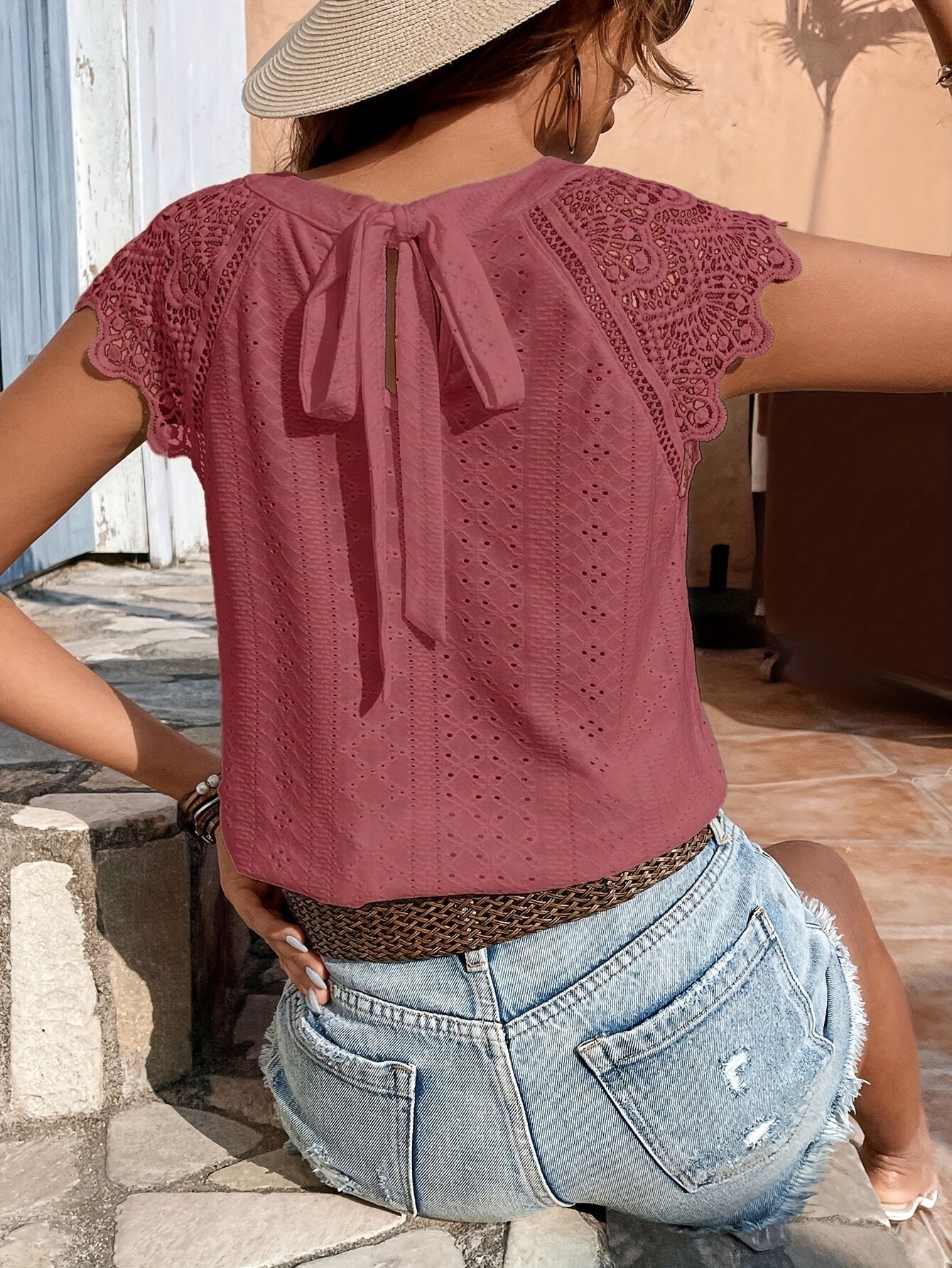 Damesblouse Boheemse Chic Stijl met Kantmouwen en Geknoopte Rug – Casual Zomermode