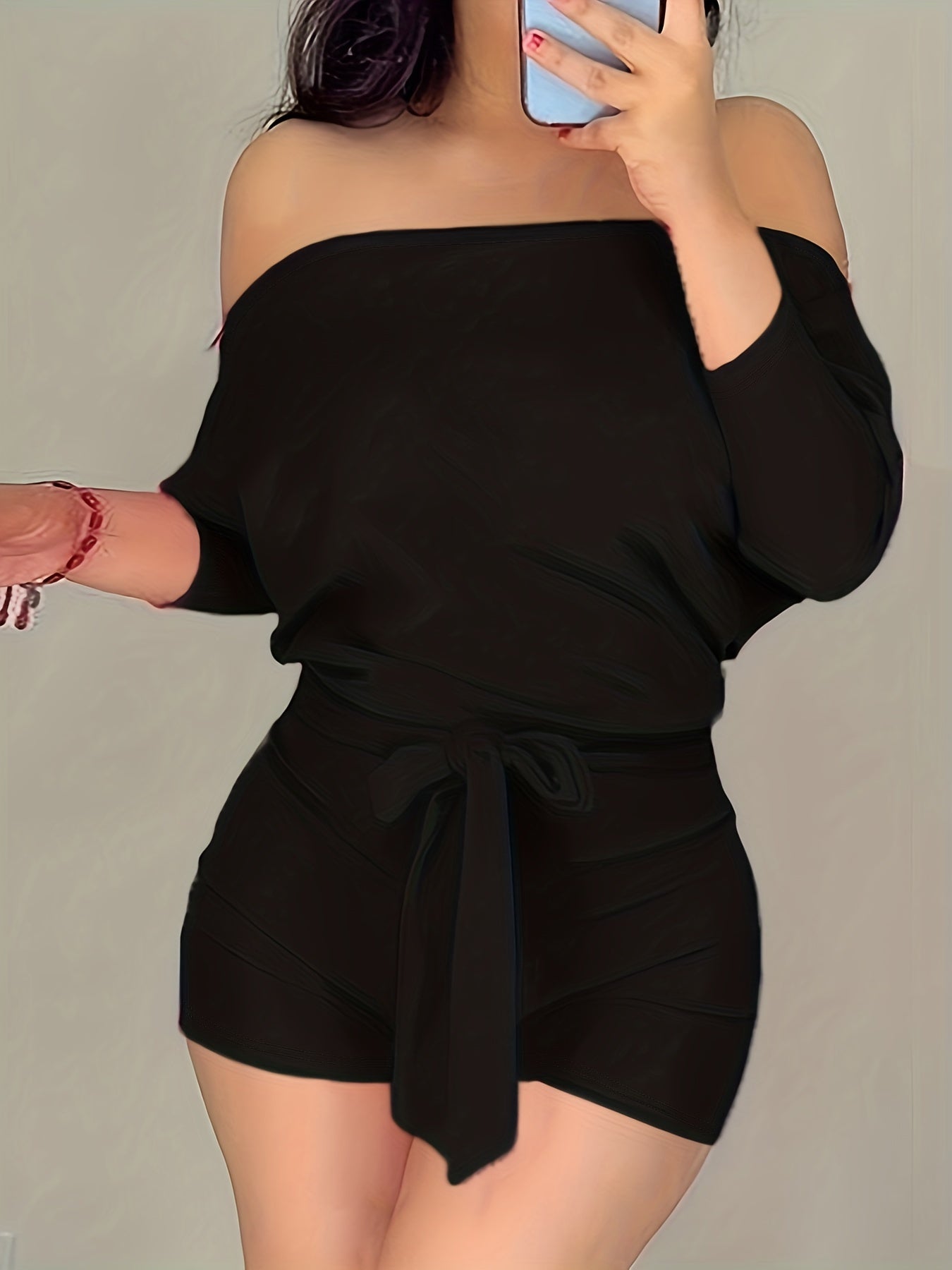Combinaison Short Décontractée Femme Style Bardot à Manches Longues pour Été