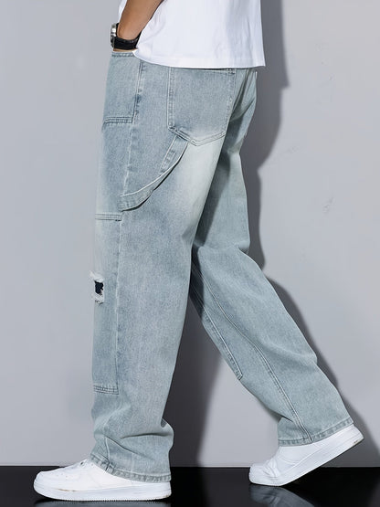 Loszittende cargo jeans voor heren met wijde pasvorm en versleten details - Trendy urban stijl