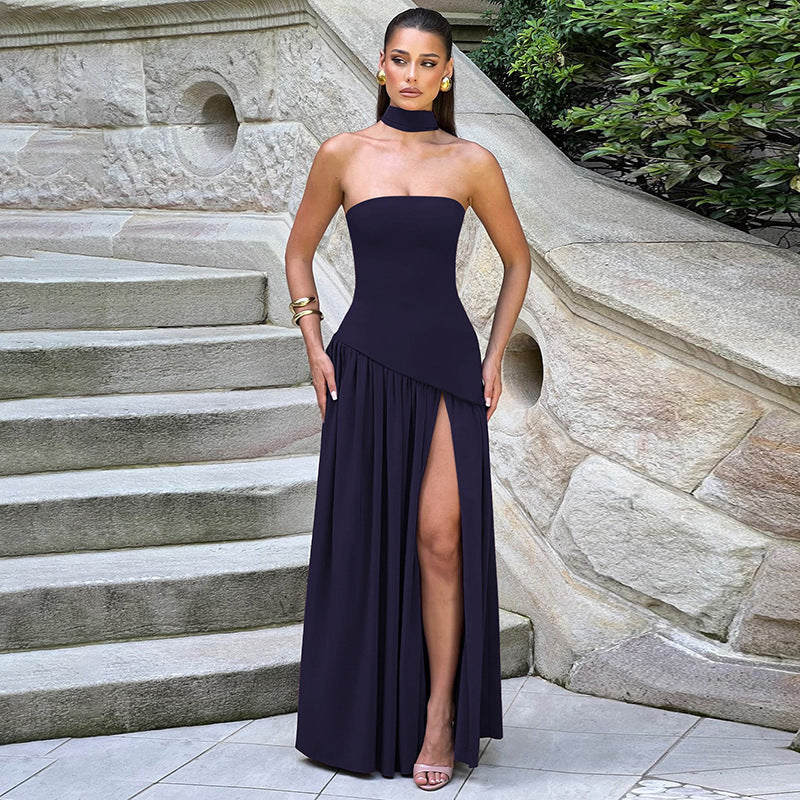 Robe de soirée élégante femme style bustier fluide fendue, idéale événements et cocktails