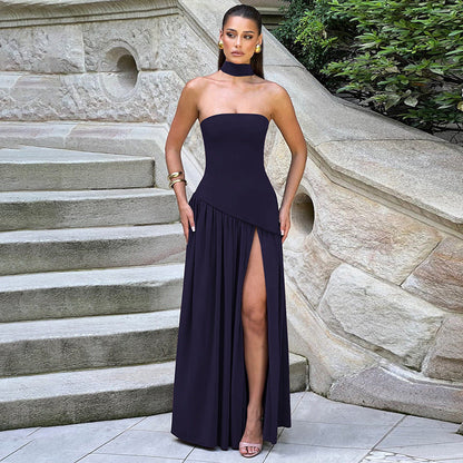 Robe de soirée élégante femme style bustier fluide fendue, idéale événements et cocktails