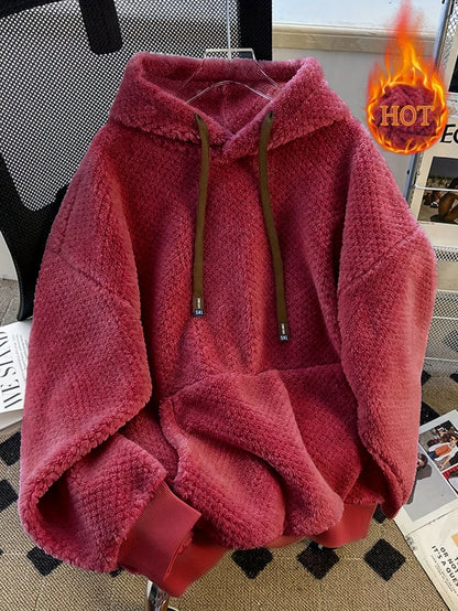 Sweat à Capuche Doux Effet Peluche Vert Militaire avec Cordon Contrastant