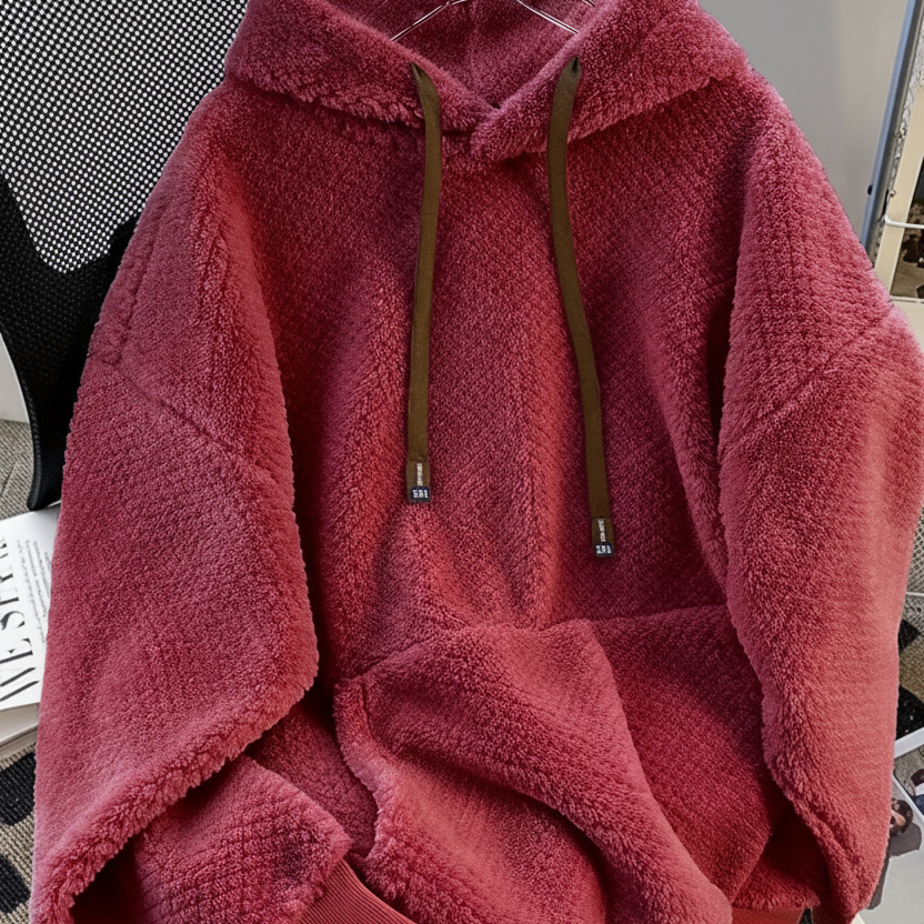 Sweat à Capuche Doux Effet Peluche Vert Militaire avec Cordon Contrastant